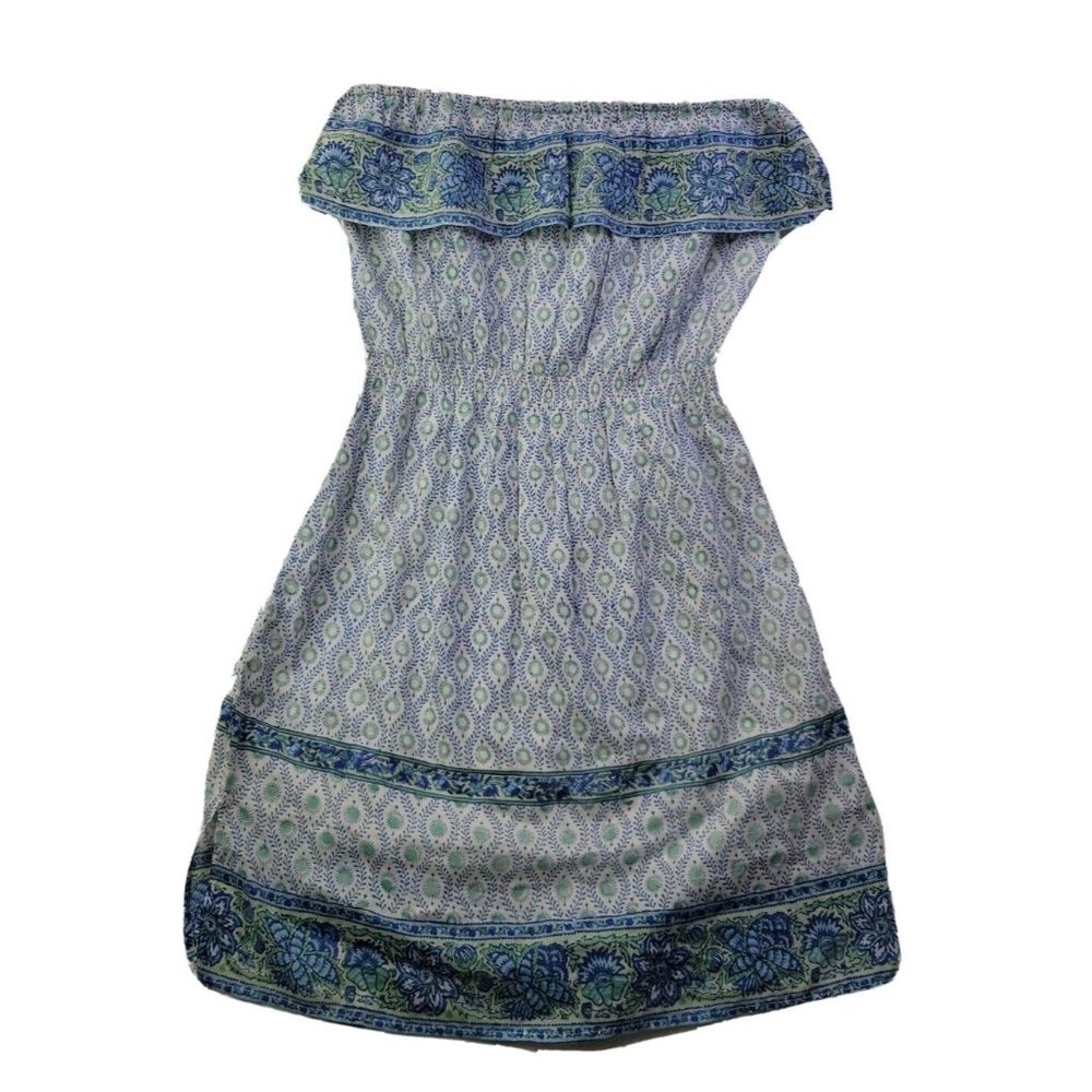 Alicia Bell Womens L Blue Paisley Ruffle Strapless Mini Dress Elastic Silk Blend